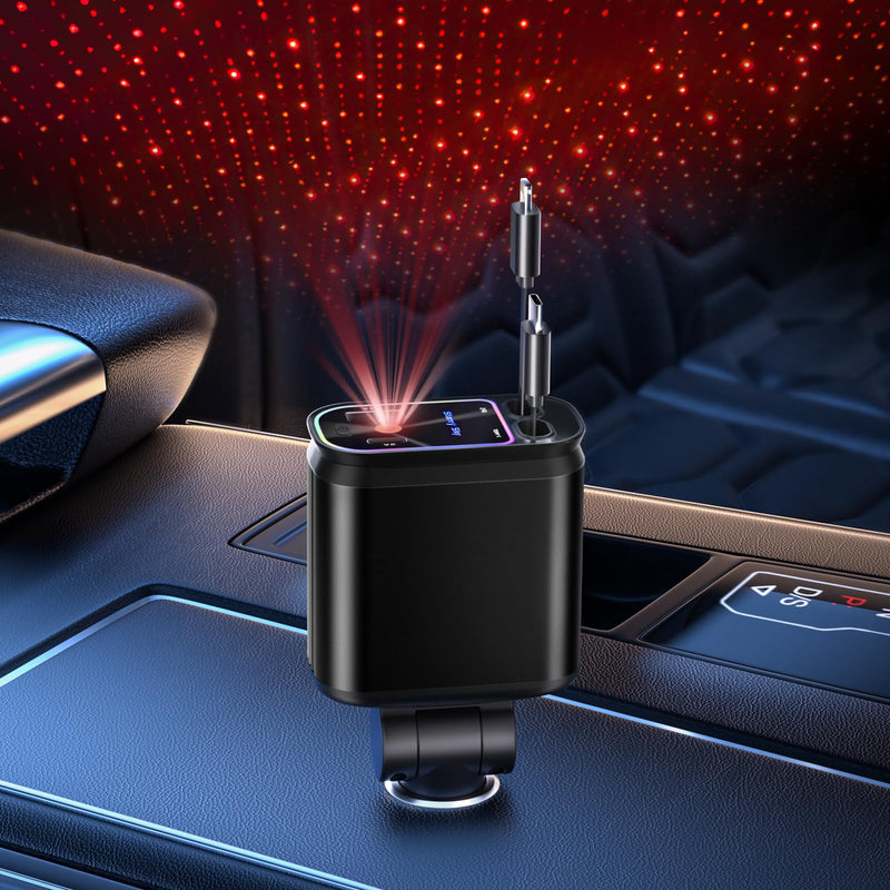 Starlight Retractable Car Charger with Retractable Cables, Starlight in Car Roof 4 in 1 Super Fast Car Phone Charger, 2 USB Ports Starry Sky Car Charger Adapter, Compatible with iPhone 15 14 13 Deep Black