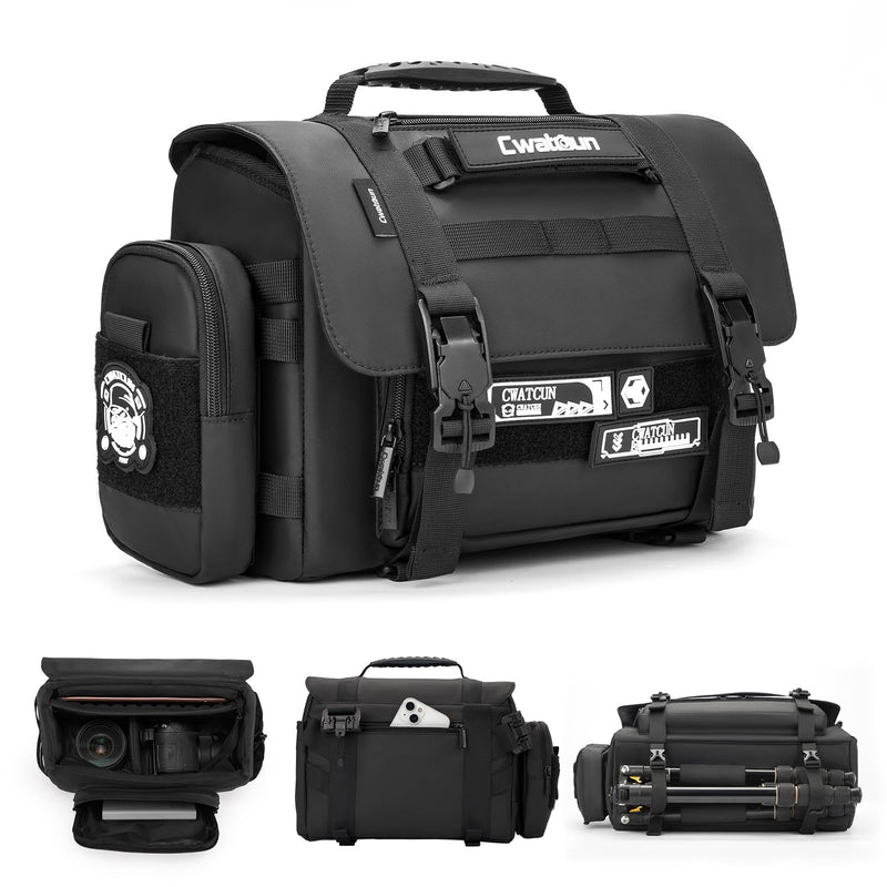 Cwatcun Tactical Camera Sling Bag, Crossbody Case with Tripod Holder | Fits 1camera+2lenses+11"iPad. Tactical webbing, removable pouches, magnetic buckle, padded foam, tripod holder Black Small