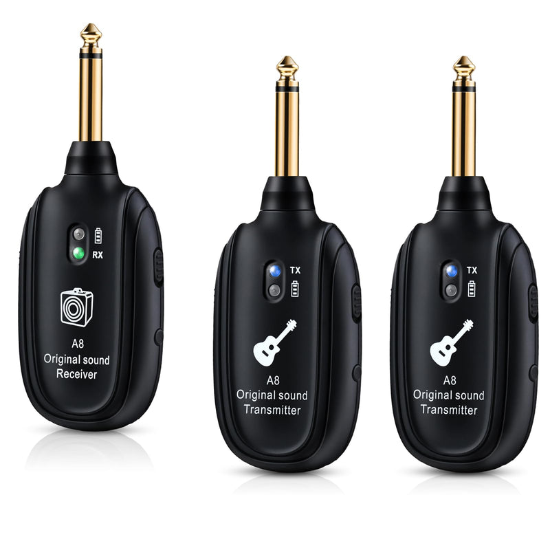 A8 Wireless Guitar Transmitter Receiver System, 2.4GHz Rechargeable, 24-bit/48KHz Audio, Low Latency <4ms for Electric Guitar & Bass, Wireless Audio Transmitter & Receiver (A8-2(2TX+1RX)) A8-2(2TX+1RX)