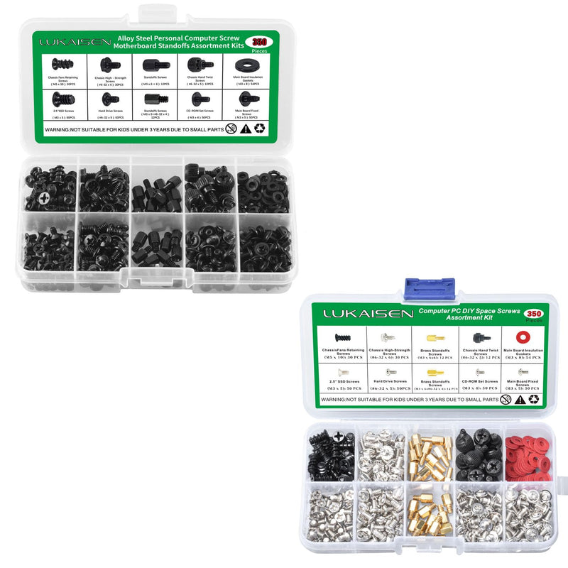 350PCS Computer Screws Assortment Kit, 6-32 Male to M3 Female Black Carbon Steel Motherboard Standoffs Screws and 350PCS Computer Screws Assortment, 6-32 Male to M3 Female Carbon Steel Nickel Plated