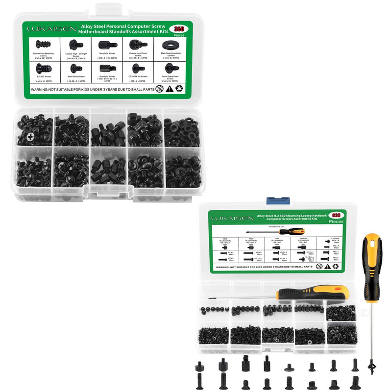 350PCS Computer Screws Assortment Kit, 6-32 Male to M3 Female Black Carbon Steel Motherboard Standoffs Screws and 633PCS NVMe Screw M.2 SSD Mounting Kit-M2 M2.5 M3 Black Carbon Steel Laptop Screws