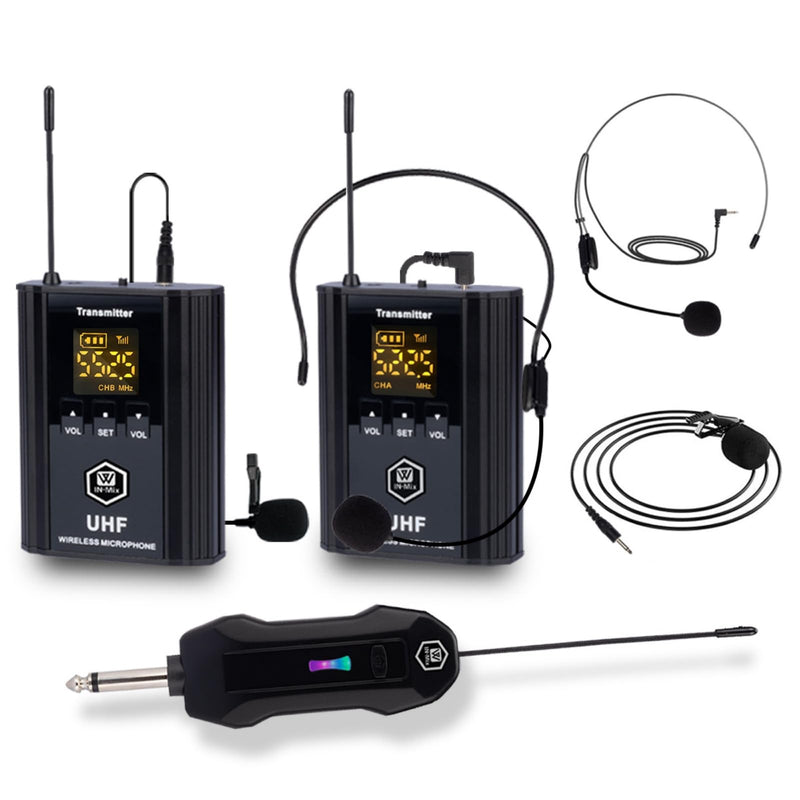W IN-MIX UHF Wireless Microphone System, Portable Cordless Microphone Set with Headset, Lavalier, Beltpack Transmitter for Karaoke,Church and Party(2) 2 Pack