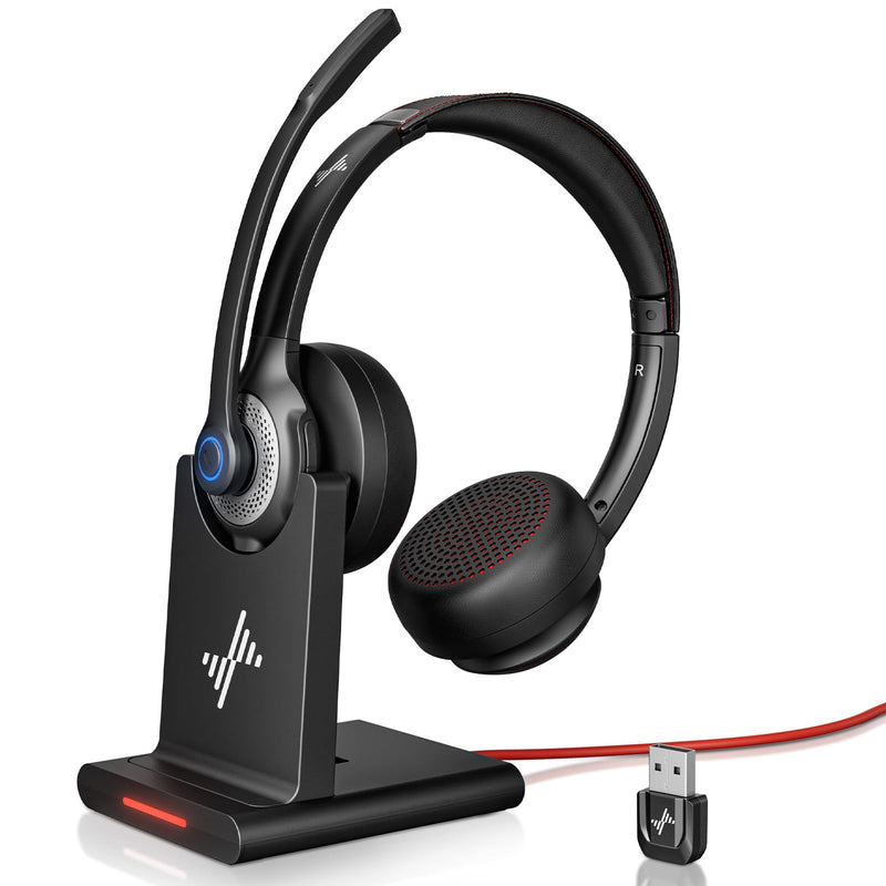 [AUSTRALIA] - Wireless Headset with AI Noise Cancelling Microphone Bluetooth Headset - Bluetooth V5.2 Headphones with USB Dongle, Charging Base & Mic Mute for Computer/Laptop/PC/iPhone/Android/Cell Phones Black 