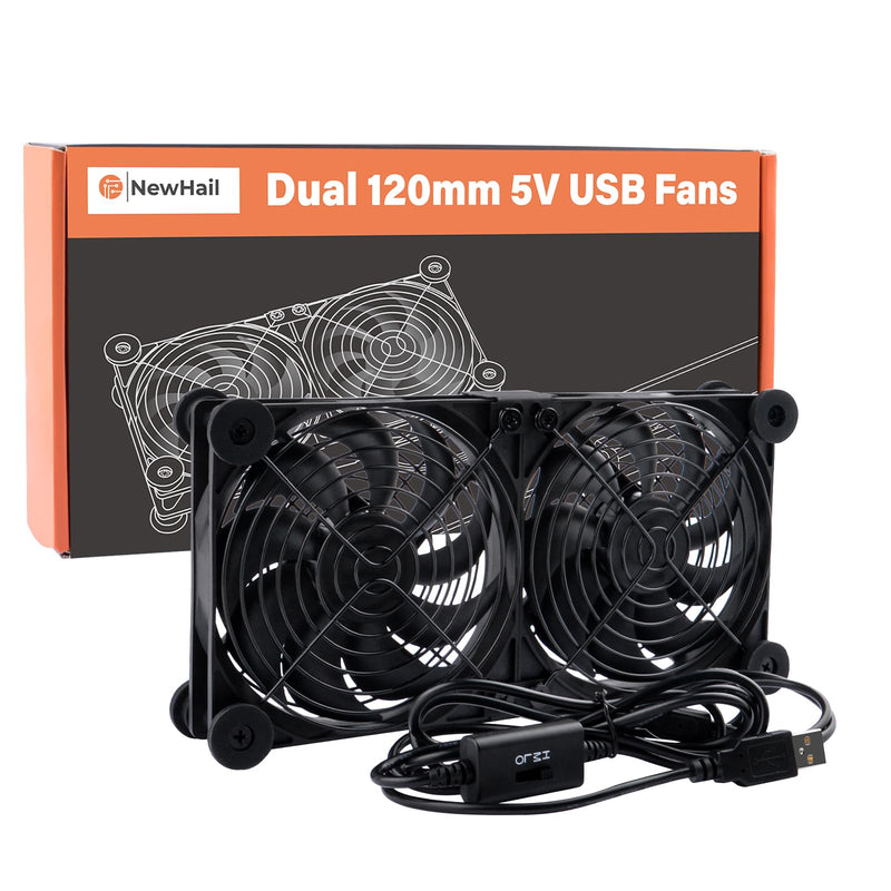 Quiet Dual 120mm Router Fan Cooler with L/M/H 3-Degree Speed Controller, DC 5V USB Powered Cooling Case Fan for Router Modem Receiver DVR PlayStation TV Box