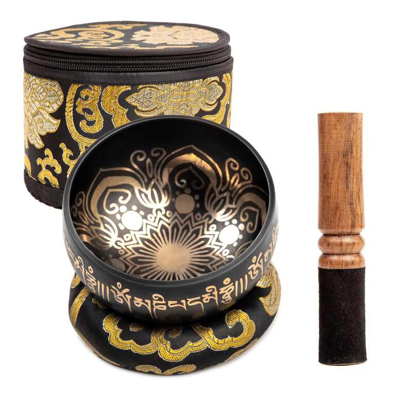 Tibetan Singing Bowl Set - 4" Easy To Play Authentic Handmade For Meditation Sound 7 Chakra Healing By HIMALAYAN BAZAAR (Black with Box, 4")
