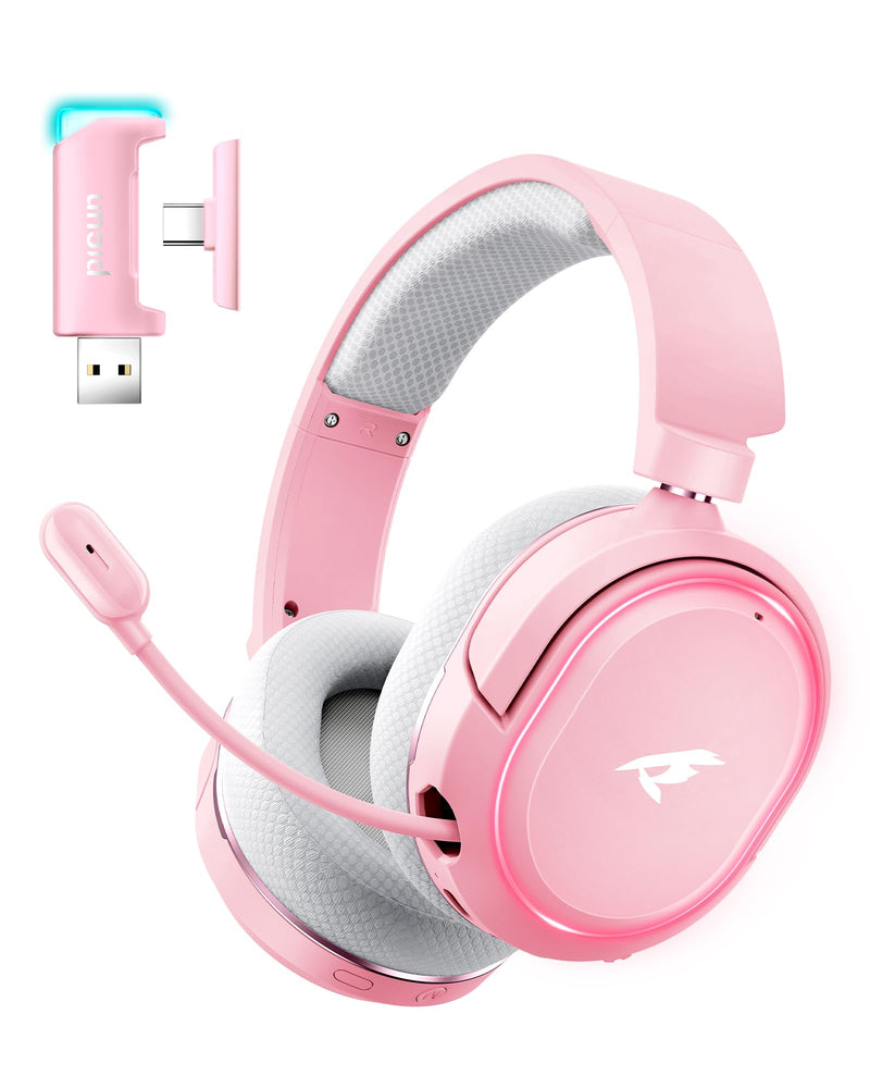 [AUSTRALIA] - Wireless Gaming Headset, 7.1 Surround Sound, 2.4GHz USB Gaming Headphones with Bluetooth 5.4, 100H Battery, ENC Noise Canceling Mic, RGB Light, Wireless Headset for PC PS5 PS4 Mac Switch (Gray-Pink) White-Pink 
