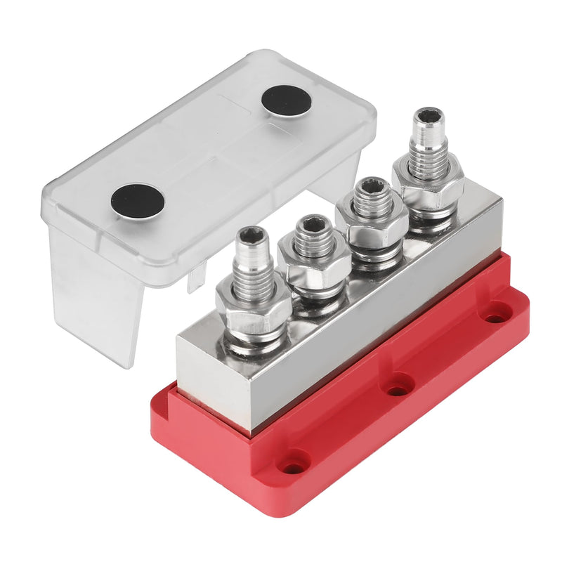 600A Bus Bar Power Distribution Block 12-48V Terminal Block 4x3/8(M10) Studs Marine Battery Bus Bar with Waterproof Cover Quick Mount for Automotive Car Boat Solar System (Red) 600A 4 x 3/8"(M10) Studs-Red