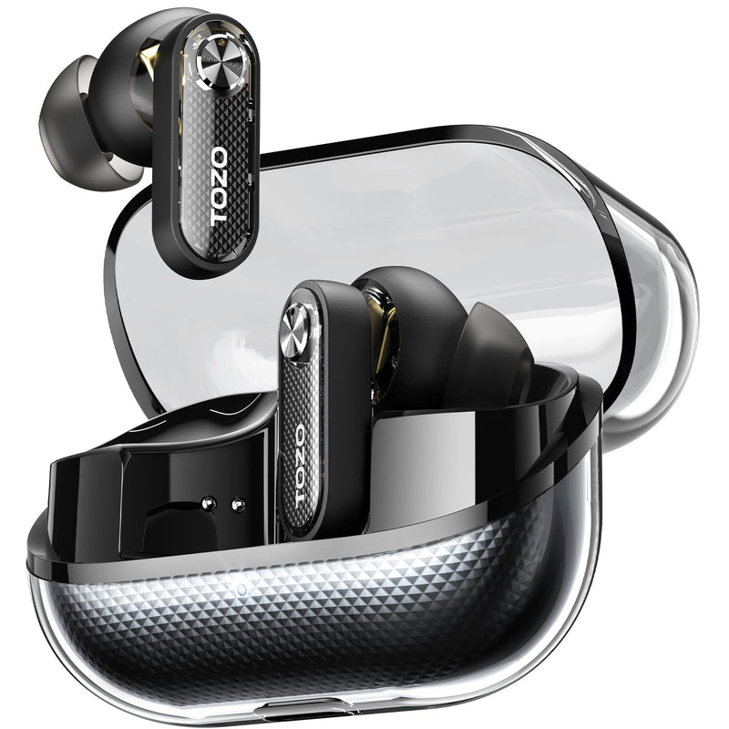 TOZO Crystal Pods Hybrid Active Noise Cancelling Wireless Earbuds, Black | 10mm Drivers Deep Bass, 4 Mics Smart ENC AI Calls, Real-Time AI Translation, 32 EQ via App, Bluetooth 5.4, 70H,Crystal Design