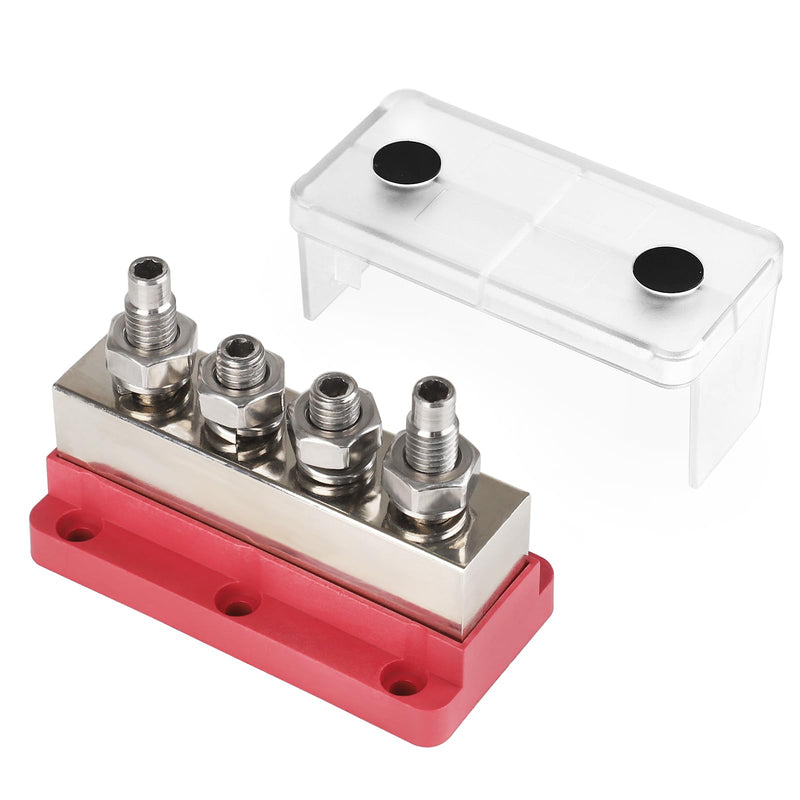 600A Power Distribution Block with Cover 4 x 3/8" (M10) Studs Bus Bar Terminal Block Max 48V for Automotive Car Boat (Red) 600A 4 x 3/8"(M10) Studs-Red