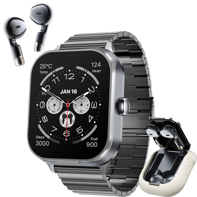 Smart Watch with Earbuds, 2.01" HD Screen 2 in 1 Smartwatch with Bluetooth Earbuds, 100+ Sport Fitness Tracker, NFC, Pedometer, Sleep/Heart Rate/Monitor Compatible with iOS & Androd Silver Steel