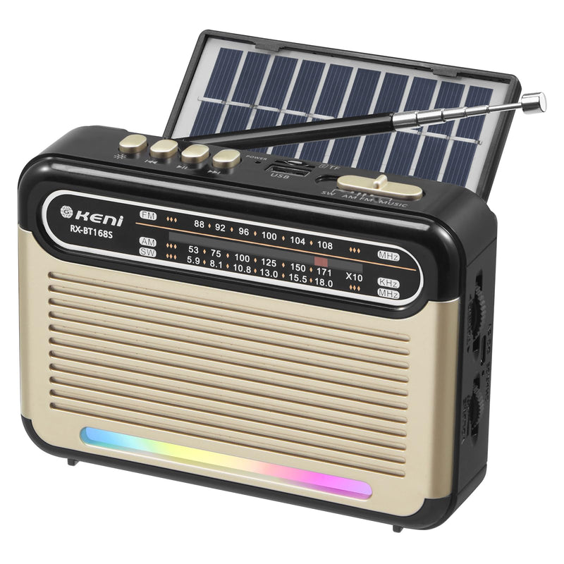 [AUSTRALIA] - G Keni Portable Solar Radio AM FM SW with Rechargeable Battery Operated, Shortwave Bluetooth Radio Strong Reception, USB/TF Card Input, Solar Panel, Big Speaker with Ambient Light (Golden&Black) Golden&Black 