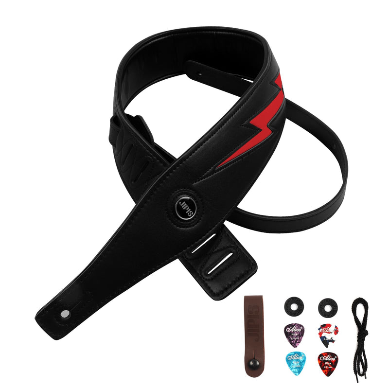Handmade Retro Embossed Guitar Strap Super Soft Cowhide Leather Belt for Electric Acoustic Guitar Bass Guitarra Gig Jipis-black Red Lighting