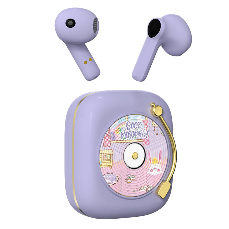 ANCwear Wireless Bluetooth Earbud Headset with Retro Charging Case - Ultra Lightweight for Daily Life and Work, Pink (Purple) Purple