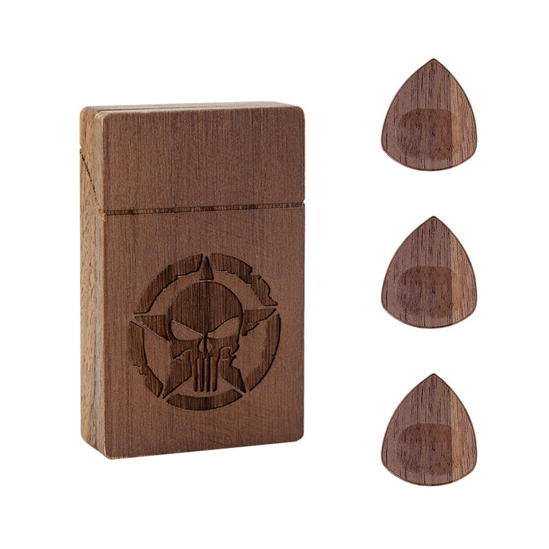 Rockhouse Wooden Guitar Pick Case Holder Storage Box Organizer with 3 Bonus Walnut Bass Picks for Guitar Players (Skull) Skull