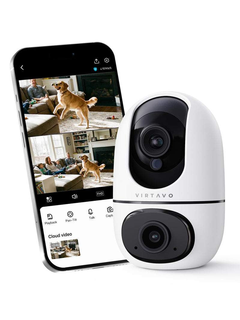 VIRTAVO XD1 Indoor Security WiFi Camera, No Subscription Required, Dual-Lens 360° PTZ Baby Monitor & Pet Cam, Motion Tracking, 2-Way Audio, Night Vision,Optional Cloud/SD Storage, Phone App, Wired