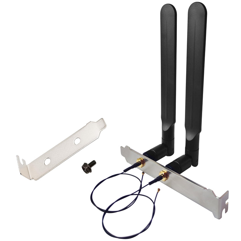 WiFi Antenna Tri-Band 5dBi RP-SMA Male + MHF4 Cable Kit for M.2 NGFF Card | 2.4Ghz 5Ghz 6GHz M2 WiFi antenna kit. Includes antennas, U.FL MHF4 extension cables, and computer back slot cover brackets