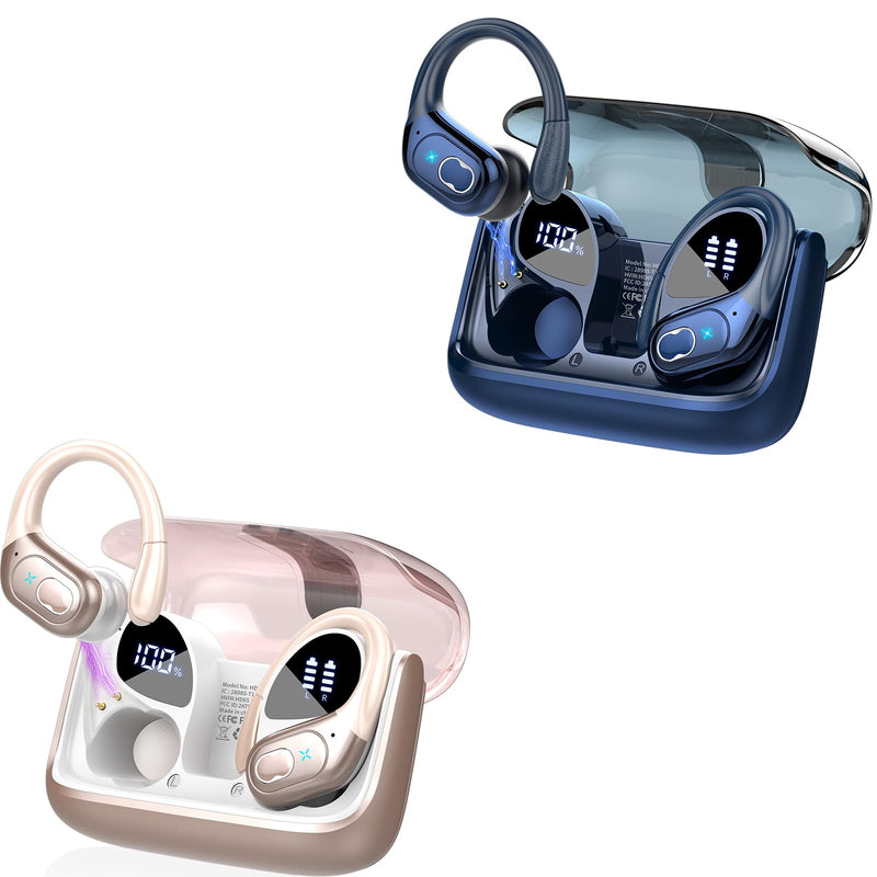 Aptkdoe 2 Sets Wireless Earbuds Sport, Bluetooth 5.4 Over Ear Buds Stereo Deep Bass Over Ear Bud with Earhooks, 75H Wireless Earphones with Mic, IPX7 Waterproof Earphone for Sports Blue+Rose Gold