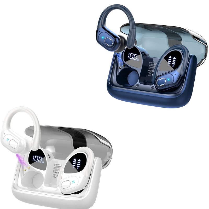 Aptkdoe 2 Sets Wireless Earbuds Sport, Bluetooth 5.4 Over Ear Buds Stereo Deep Bass Over Ear Bud with Earhooks, 75H Wireless Earphones with Mic, IPX7 Waterproof Earphone for Sports Blue+White