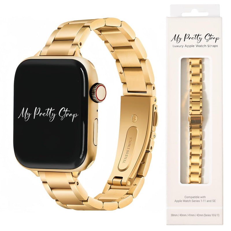 Compatible Apple Watch Band for Women, Stainless Steel- Fits Most Wrists | Series 1-11, SE and Ultra- iWatch Replacement Strap, Easy Resizing- No Tool Needed- Metal Fashion Watch Band Slim Glazé Gold 38MM / 40MM/ 41MM / (Series 10& 11 - 42 MM)