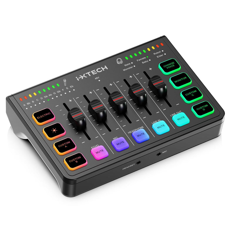IXTECH Gaming Audio Mixer 4 Channel Soundboard, Streaming RGB PC Audio Interface with XLR Microphone Support, Audio Equalizer for Gaming Podcast Streaming Karaoke, Individual Volume Controls (Black) IX-MI-MIX01 Black