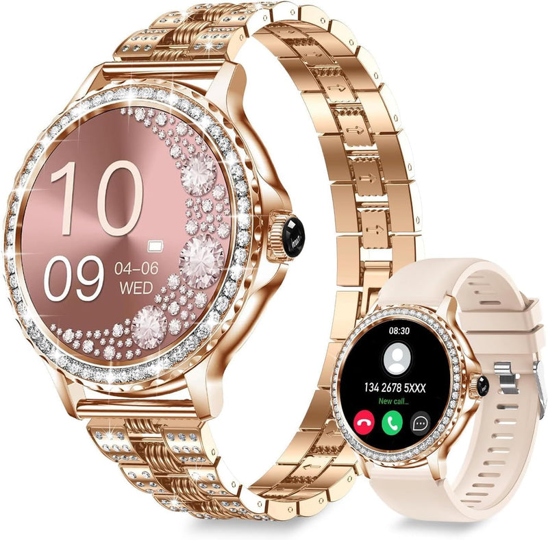 Smart Watches for Women(Make/Answer Call) with Diamond:1.3" Fitness Tracker Watch for HR/Blood Pressure/SpO2/Sleep Monitor,Digital Running Watches for Women Android/iOS, 2 Straps Elegant Rosegold