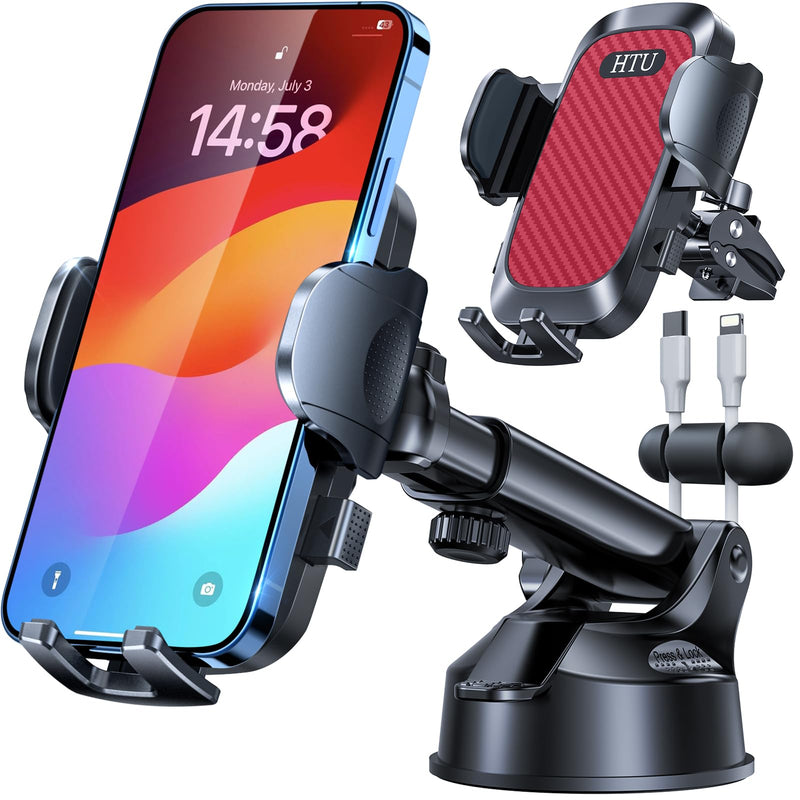 HTU 2026 Ultimate Best【True Military-Grade & Safety Cert】 Car Phone Holder | 【Upgraded 360 Rotation & 100LBS Strongest Suction】5-in-1 Truck Windshield Dashboard Vent Mount Stand for iPhone Android, Red