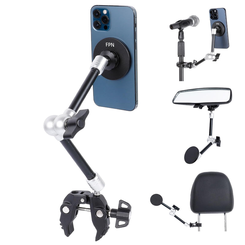 All-Metal Magnetic Phone Holder with Super Clamp&10″ Long Arm for Magsafe, Adjustable Rear View Mirror Phone Holder Mount for Car/Truck/Handlebar, Compatible with iPhone 16 15 14 13 12 Series