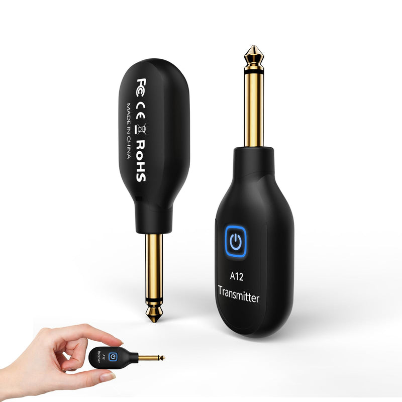 A12 Wireless Guitar Transmitter Receiver - 2.4GHz System, 24-bit 48KHz Audio, 100ft Range, No Latency, Rechargeable, Easy Pairing for Electric Guitar & Bass - Accessories (1TX+1RX) 1TX+1RX