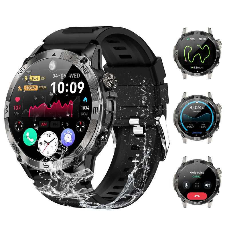 Military Smartwatch for Men, GPS Smart Watches Bluetooth Calls, 1.43" AMOLED Fitness Tracker with 530 mAh Large Battery/3ATM Waterproof/Compass/Air Pressure/Altitude for Android iOS Black