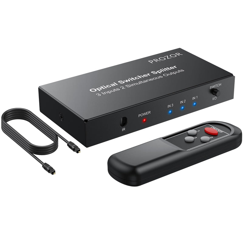 [AUSTRALIA] - PROZOR Digital Audio Switcher Splitter - 3 in 2 Out 3 Port Spdif Toslink Optical Switch with Remote Control, Aluminum Alloy Material 2 Way Digital Audio Splitter Support LPCM 2.0 DTS Dolby-AC3 