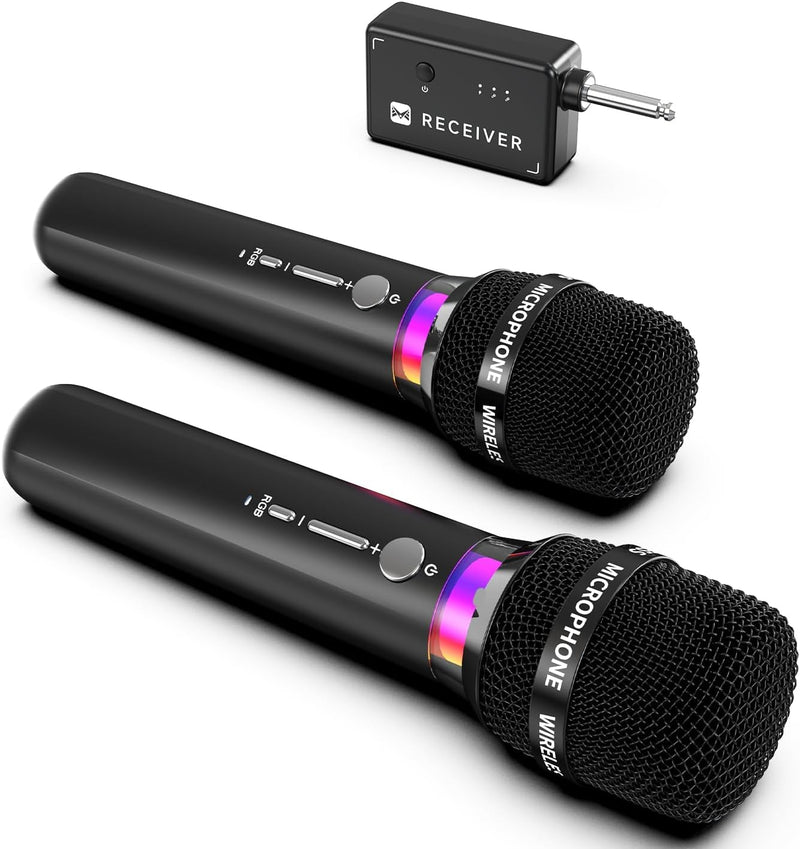 [AUSTRALIA] - Wireless Microphone, Rechargeable Wireless Microphones with One-to-One Chip Connection and LED Lights, 40H Duration, 200FT Range Receiving, Less Latency Karaoke Microphone for Singing, Speech, Party 