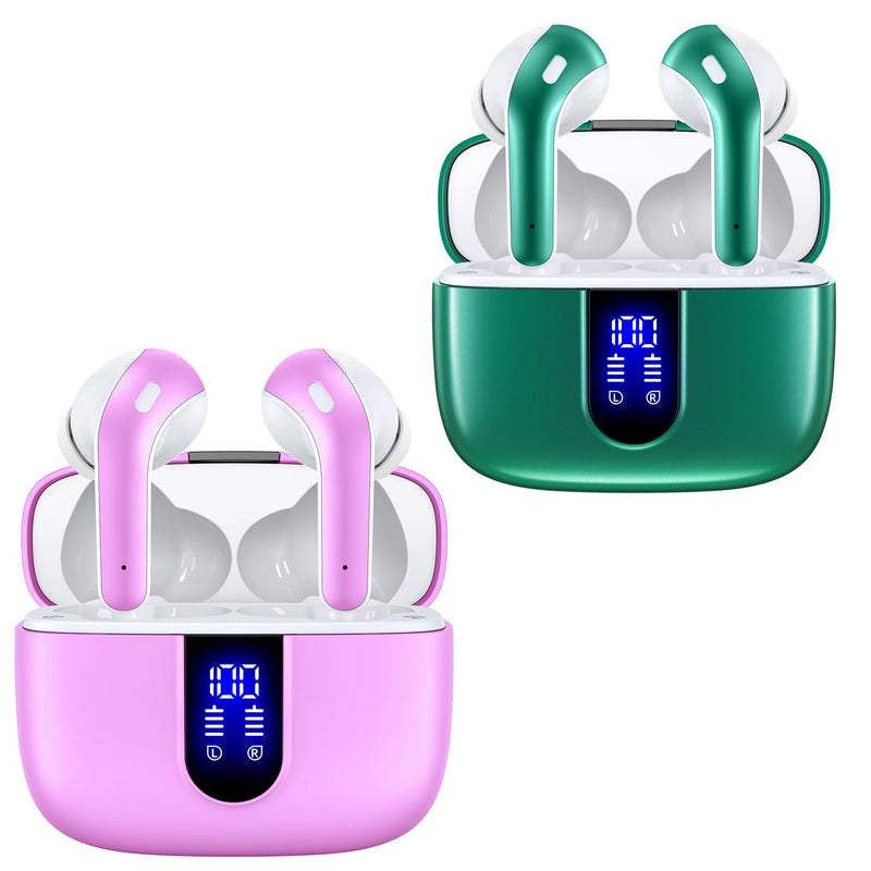 TAGRY 2 Sets X08 Forest Green and Sunset Pink Bluetooth Headphones True Wireless Earbuds 60H Playback Ear Buds with Wireless Charging Case in-Ear Earbuds with Mic