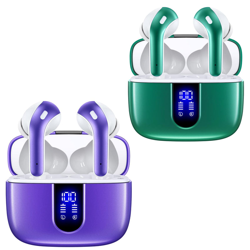 TAGRY 2 Sets X08 Forest Green and Phantom Purple Bluetooth Headphones True Wireless Earbuds 60H Playback Ear Buds with Wireless Charging Case in-Ear Earbuds with Mic