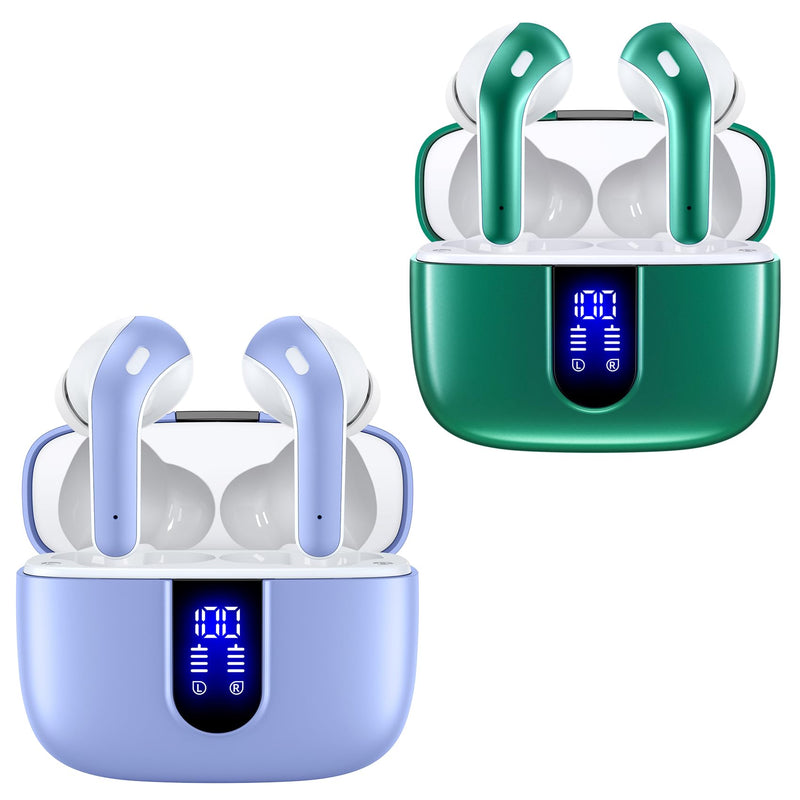 TAGRY 2 Sets X08 Purple and Forest Green Bluetooth Headphones True Wireless Earbuds 60H Playback Ear Buds with Wireless Charging Case in-Ear Earbuds with Mic