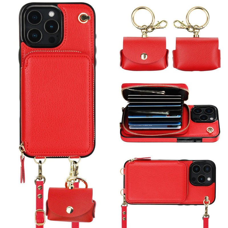 Bocasal A Multi Slots Crossbody Wallet Case for iPhone 16 Pro Max + A Slim Leather Case for AirPods Pro