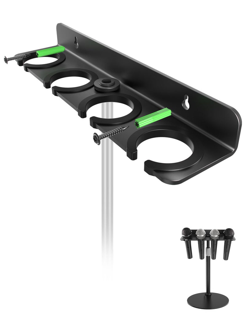 2025 Upgrade Multi Microphone Holder for Mic Stand Storage Organizer for Handheld Dynamic Wired and Wireless Mics Wall Mount or Rubber Padding to 5/8"-27 or 3/8"-16 Threaded - Up to 4 Mics Mic UP to 4 - Black
