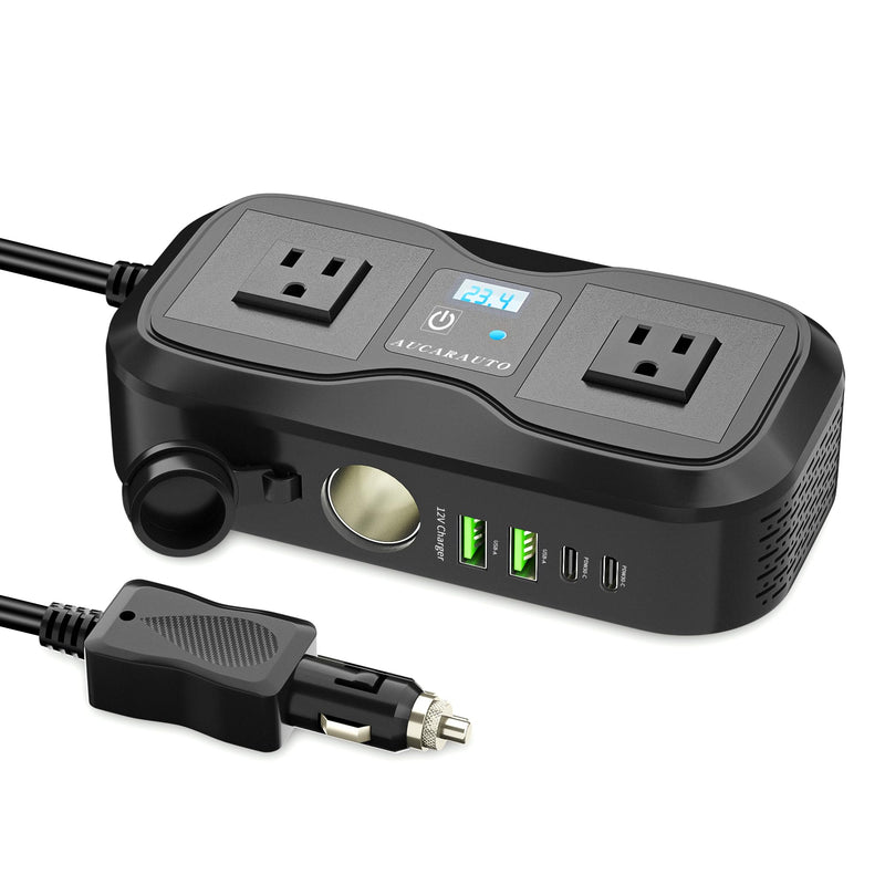200W Car Power Inverter DC 12V to 110V AC Car Plug Adapter Outlet | LED Voltmeter, 4-Port PD/QC3.0 USB A/C, 2 AC Outlets and Cigarette Lighter Splitter Car Charger for Laptop/Camping/Road Trip 200W