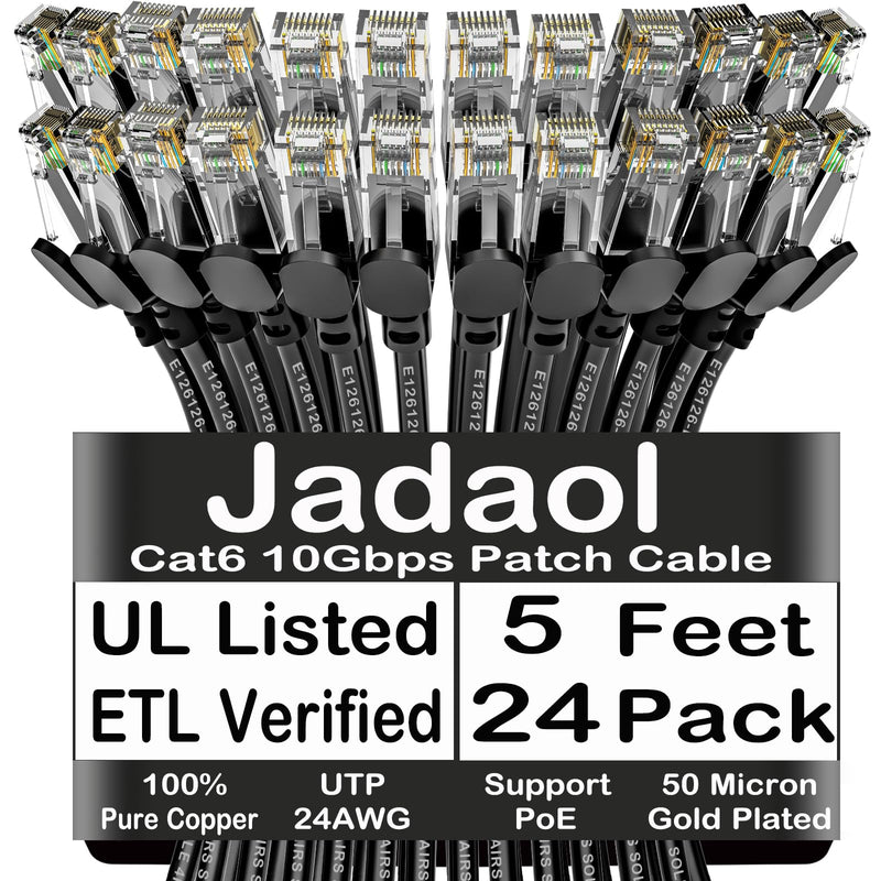 Jadaol Cat6 5ft 24 Pack Patch Cables, 10Gbps High-Speed Ethernet Patch Cables, Support Cat8/7 Network, 24AWG Pure Copper, RJ45 Gold-Plated Connector, LAN Network Cable for Patch Panel to Switch, Black 5ft-24Pack Round