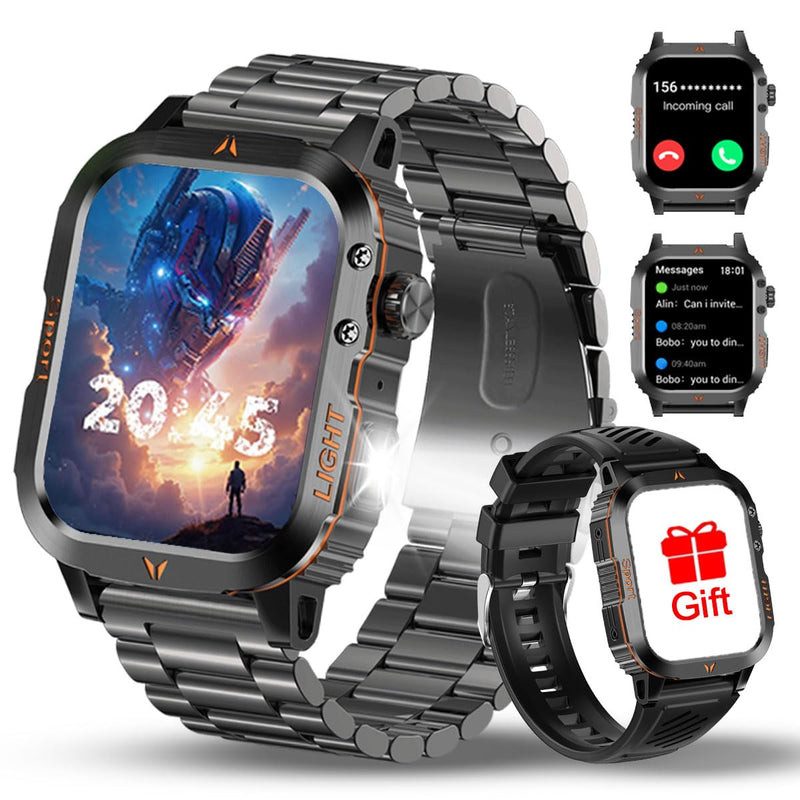QTLLBT Men's Military Smart Watch 1500mAh Battery 30day IP68 Waterproof Suitable for Swimming Answer/Make Call Function Outdoor Tactical Smart Fitness Watch Heart Rate for Android & iOS Black Steelstrap
