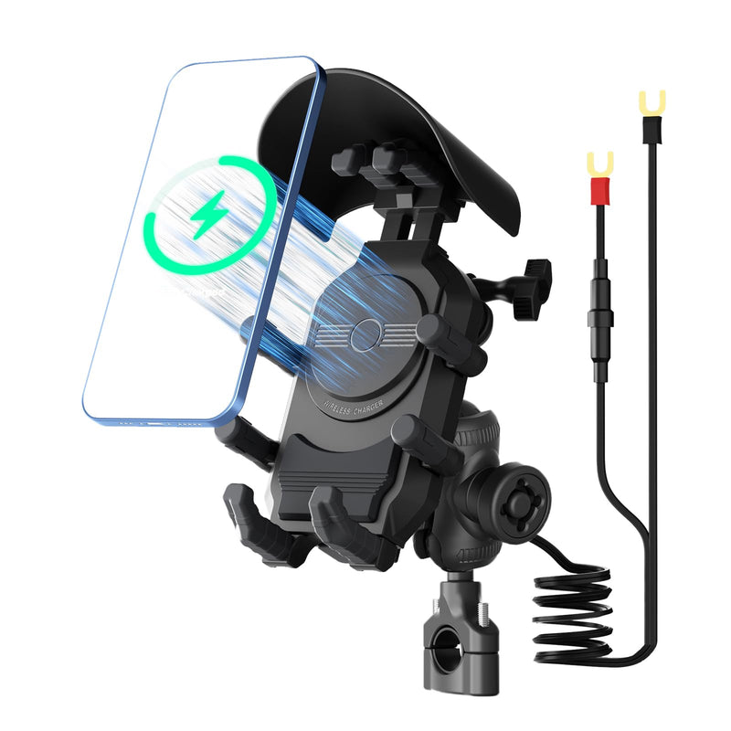 Motorcycle Phone Mount with 15W Wireless Charger & PD/USB-C USB Quick Charger Anti Vibration Theft Motorcycle Phone Holder with Sun Shade for Motorcycles
