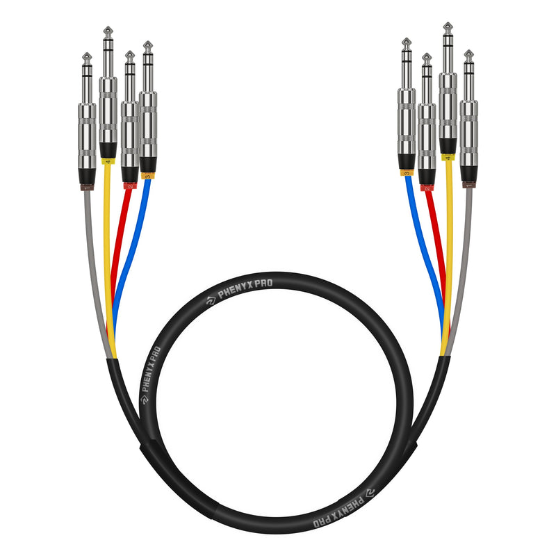 Phenyx Pro 4-Channel TRS Snake Cable, Color-Coded Patch w/24 AWG OFC Copper, 3 Ft Cable, 1/4" Audio Cable, TRS to TRS Balanced 1/4-Inch for Guitar, Bass & AMP (PCBL-QR4IN1-3) 3 Feet