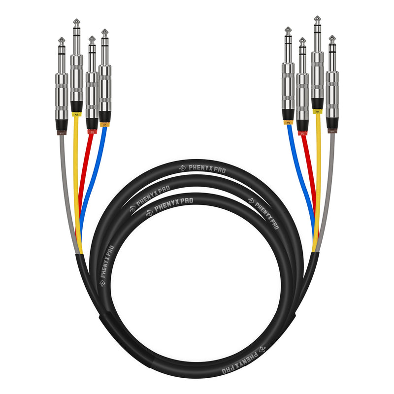 Phenyx Pro 4-Channel TRS Snake Cable, Color-Coded TRS Patch Cable w/24 AWG OFC Copper, 10 Ft, 1/4" Audio Cable, TRS to TRS Balanced 1/4-Inch Cable for Guitar, Bass & AMP (PCBL-QR4IN1-10) 10 Feet