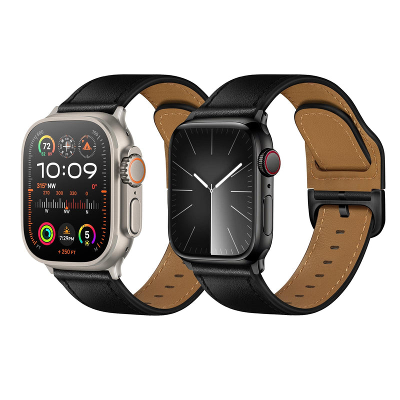 Compatible with Apple Watch Bands 42mm (Series 10) 41mm 40mm 38mm for Men Women, Top Grain Genuine Leather Band Strap Wristband for iWatch, Black/Black+Black/Titanium