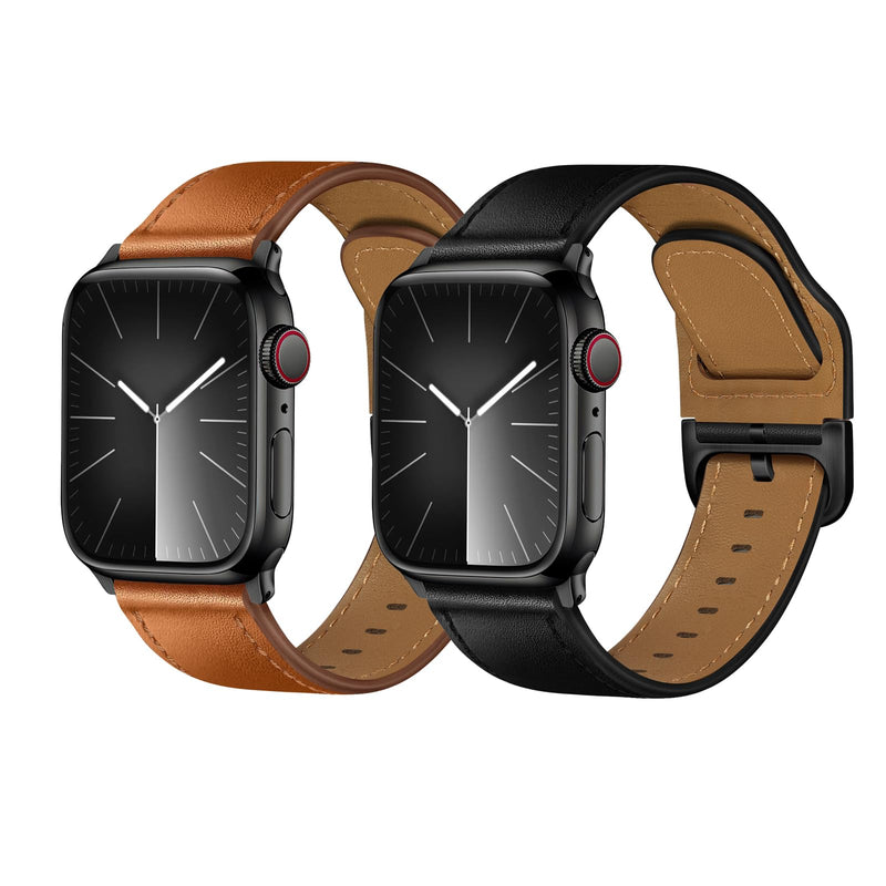Compatible with Apple Watch Bands 42mm (Series 10) 41mm 40mm 38mm for Men Women, Top Grain Genuine Leather Band Strap Wristband for iWatch, Black/Black+Retro Brown/Black