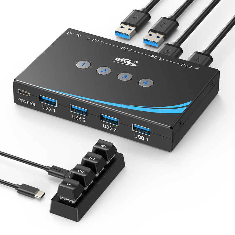 eKL USB 3.0 Switch 4 Computers Sharing USB Peripherals, 4 Port USB Switcher Sharing Mouse Keyboard Scanner Printer, with 3.5mm Headset Jack Audio Out, Includes 4 USB 3.0 Cables and Remote USB3.0 4 in 4 out with desktop controller