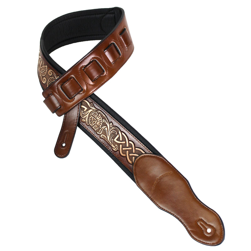 Walker & Williams KB-05-TAN Soft Brown Tan Full Grain Center Block Carving Leather Padded Guitar Strap With Aged White Celtic Chain For Acoustic, Electric, And Bass Guitars