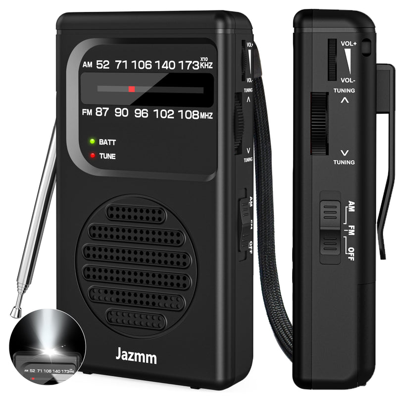 Portable Radio AM FM,Battery Operated Radio with 3W Large Speaker,Transistor radios with Best Reception,Pocket Radio with Back Clip,Flashlight,3.5mm Earphone Jack,Tuning Light,Gift for Elder Black