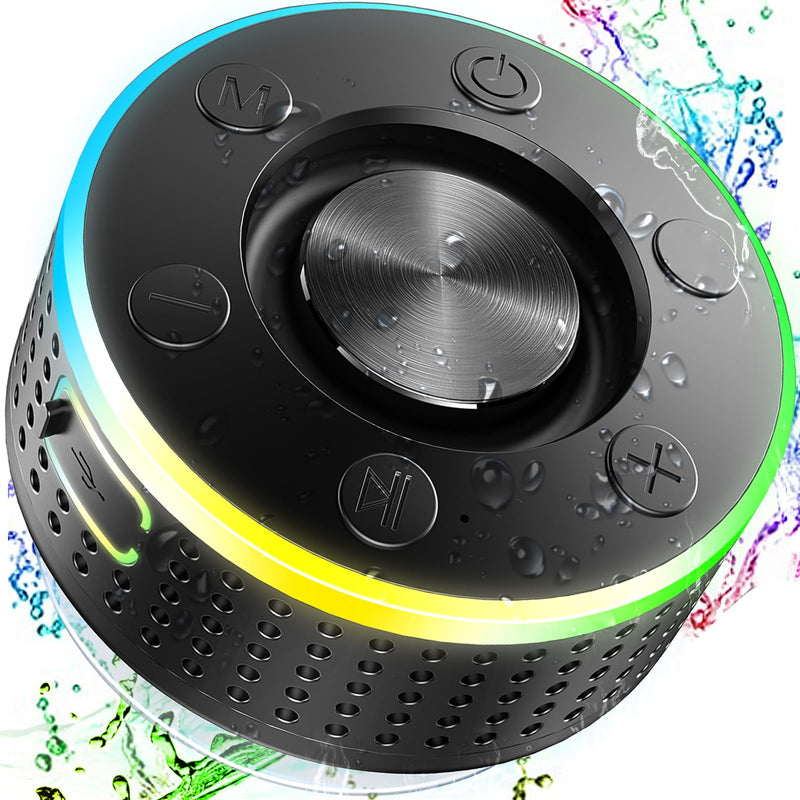 [AUSTRALIA] - Bluetooth Shower Speaker, Portable Speaker Bluetooth 5.3 with Suction Cup, Wireless Speakers Waterproof IP7, RGB Lights, Built-in Mic, Small Speakers for Bathroom, Party, Beach, Pool 2025 new, Black 