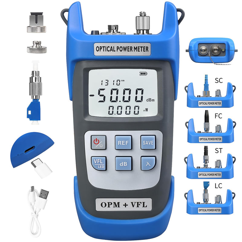 Rechargeable Optical Power Meter A-C510B (-50~+26dBm) Fiber Optic Tester, Optical Power 15 All-in-one Machine, Suitable for SC/FC/ST/LC 2.5mm/1.25mm Interface, with 1 9/125um FC-LC Adapter OPM-VFL15KM