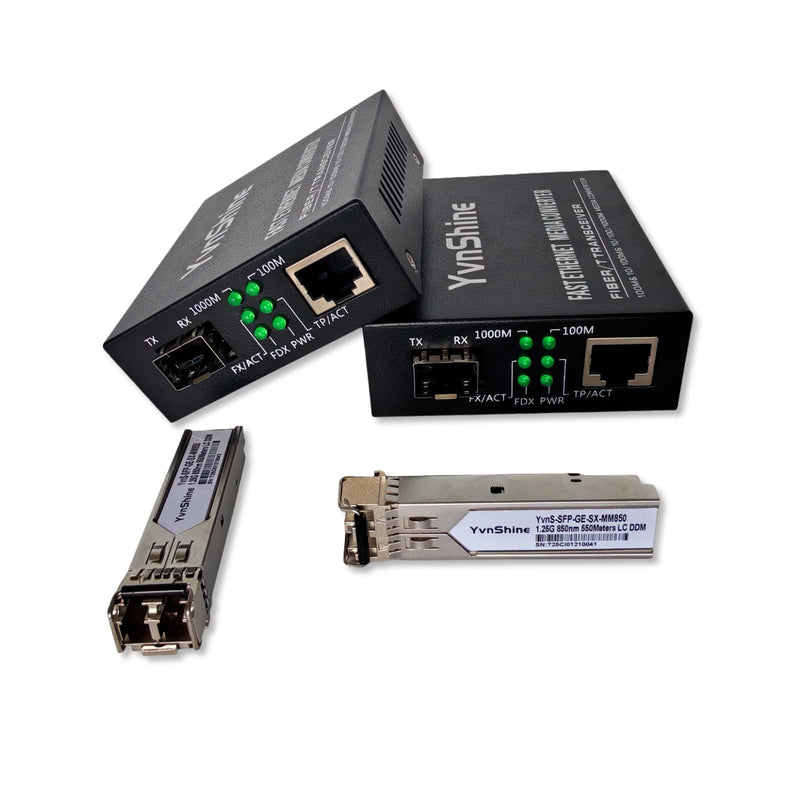 YvnShineGigabit Fiber Media Converter 2-Pack, MultiMode LC to RJ45 | Includes 2X 1.25G SFP Modules (850nm, 550m), 10/100/1000Base-Tx to 1000Base-SX Network Extension Kit Black 2 PCS MultiMode Dual LC